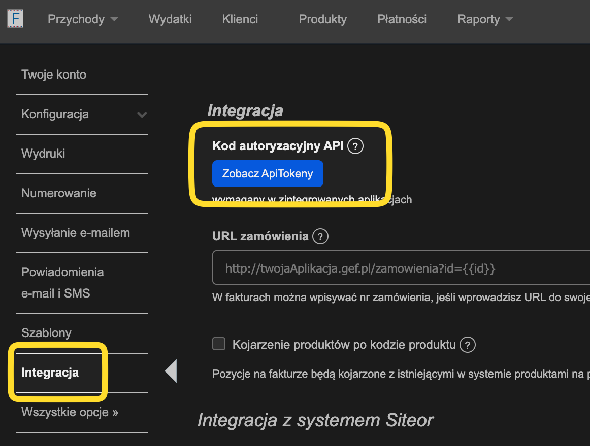 Fakturownia – Ustawienia → Integracja → Zobacz ApiTokeny